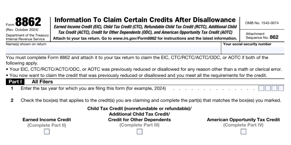 Formulario 8862 parte 1 - Información para reclamar ciertos créditos después de la desautorización