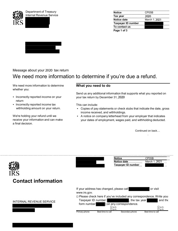 Ejemplo de aviso cp05B del IRS