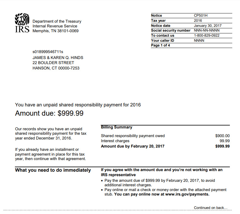 IRS Notice CP501H, Unpaid Shared Responsibility