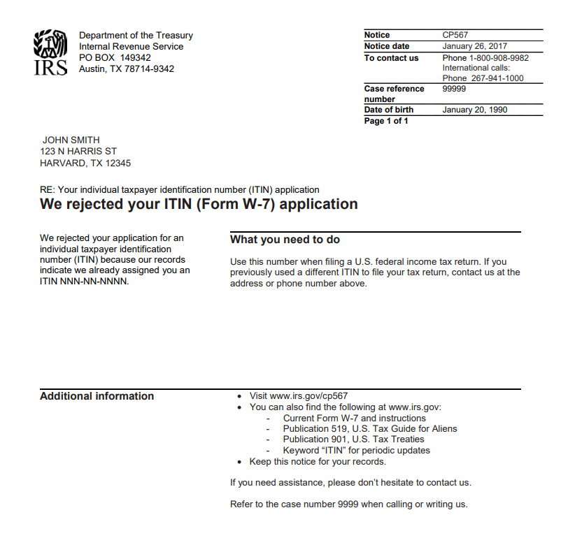 Ejemplo de aviso CP567 del IRS