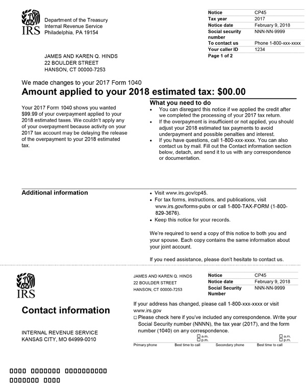 Aviso del IRS cp45 - ejemplo